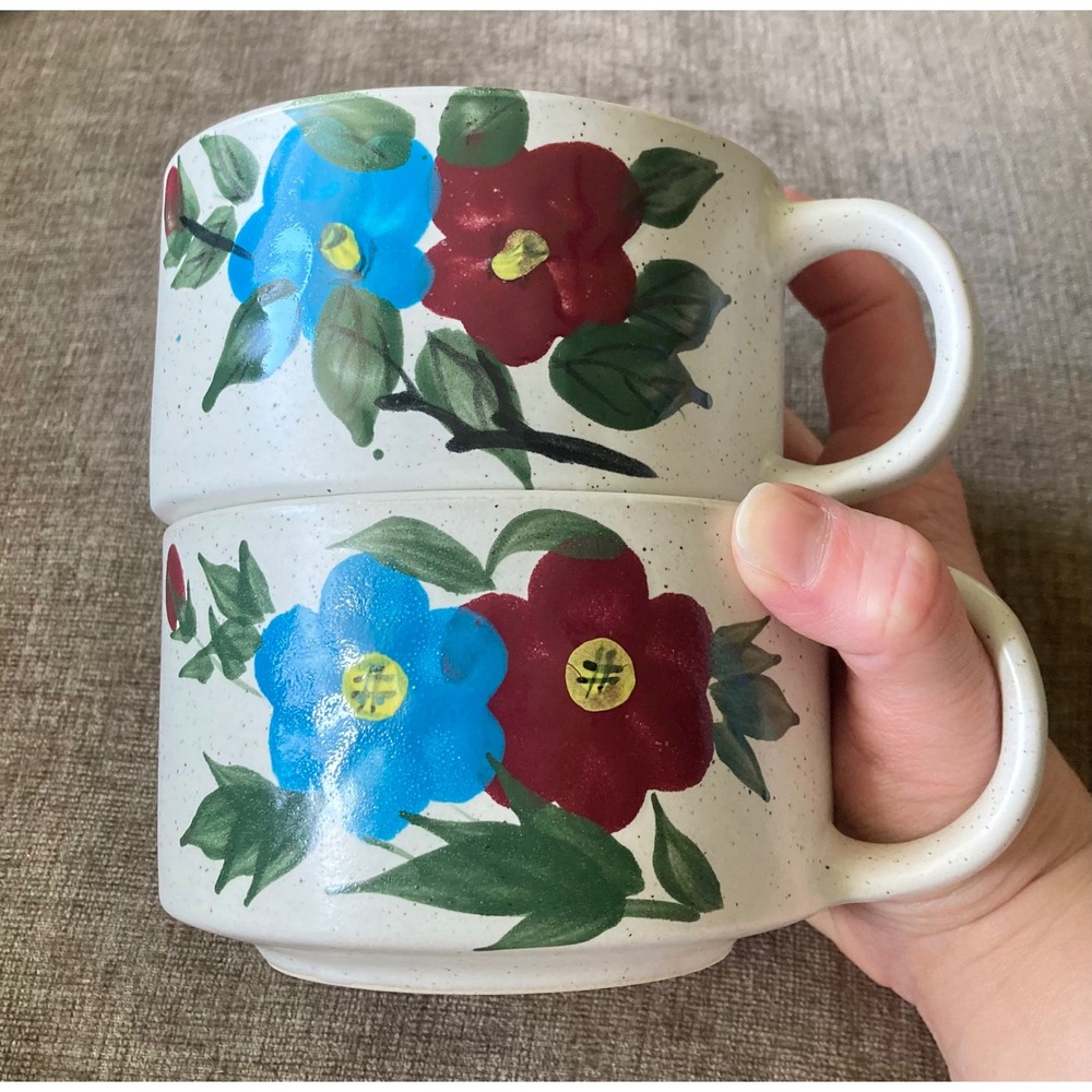 Vintage OCI Korea Speckled Stoneware Floral Mugs Set of 2 Blue‎ Red Flower